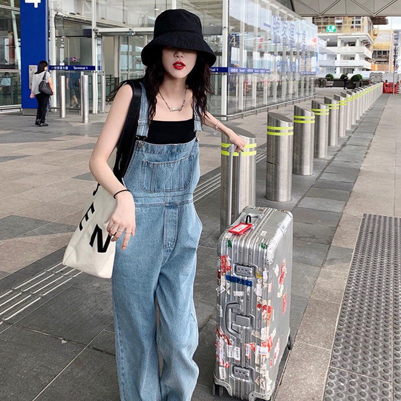 Retro denim overall perempuan musim semi 2022 baru versi Korea dari siswa longgar tinggi pinggang le