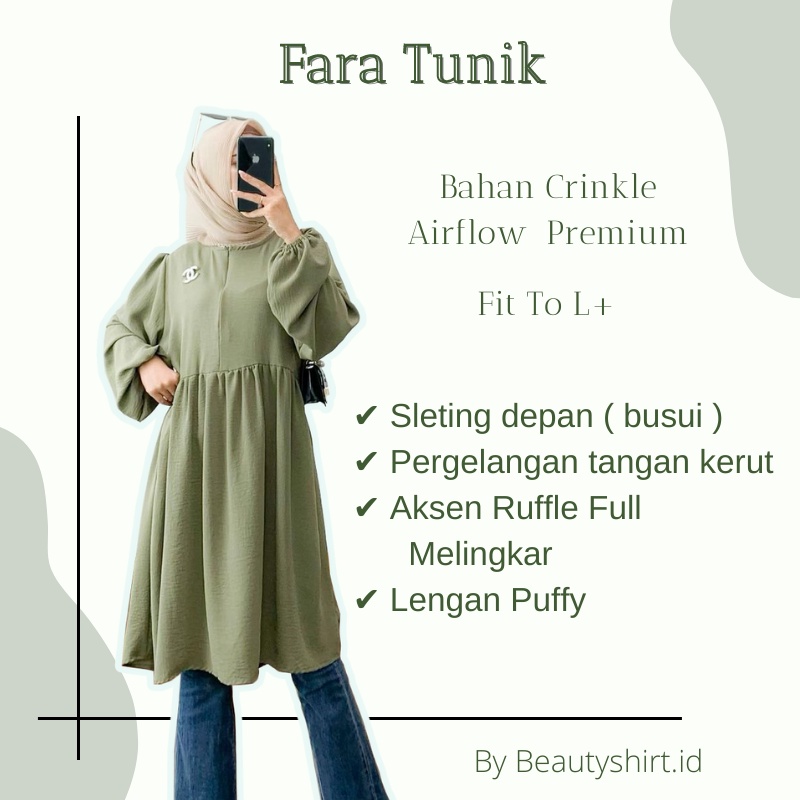 Atasan Wanita Fara Tunik Model Kekinian Zipper Depan Busui Bahan Crinkle Airflow Premium  One Size Fit To L+ Ld 108cm / Tunik Wanita Remaja Fashion Muslim Motif Polos