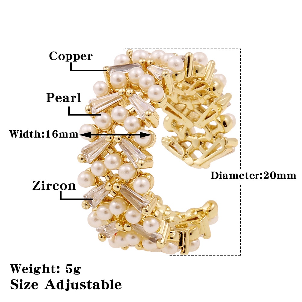 Baru mewah wanita perhiasan tangan zircon Mutiara geometris ring kreatif pribadi membuka jari cincin