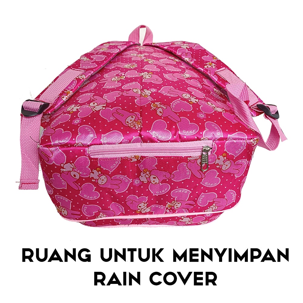 Tas Sekolah Anak Perempuan SD SMP Gratis Rain Cover Ransel Punggung Cewe Tas Gendong Bonus Jas Hujan Mellody Love Warna Pink Ungu Biru