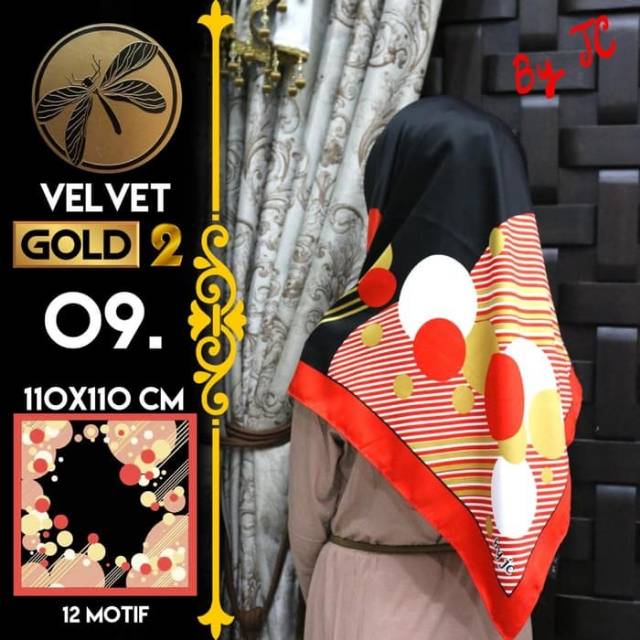 Jilbab Segi Empat Satin Black By Golden 2 / Velvet gold2 - Design 09