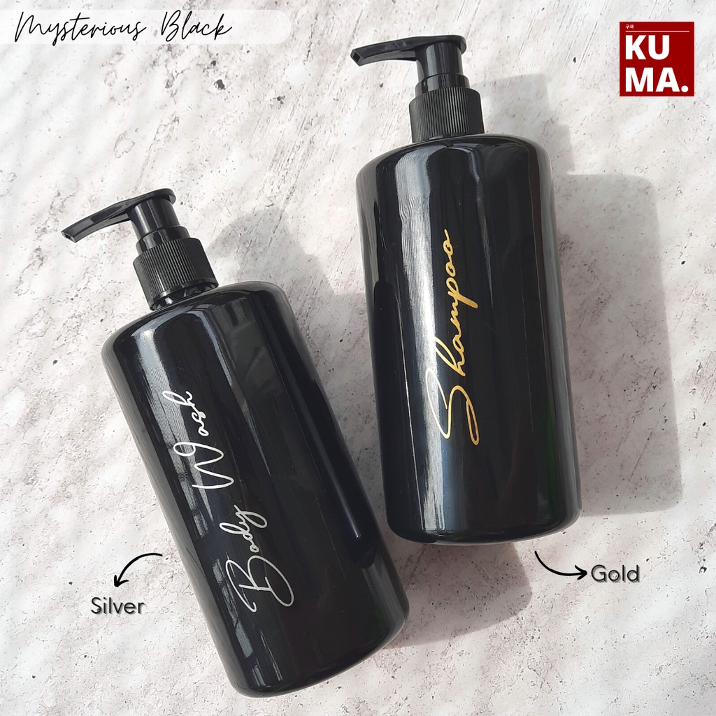 Mystirious Black Pump Bottle 500ml Botol Sabun Shampoo Hitam Label Emas Mewah Aesthetic Tutup Pump Bahan HDPE Tebal Kado Hadiah Rumah Baru