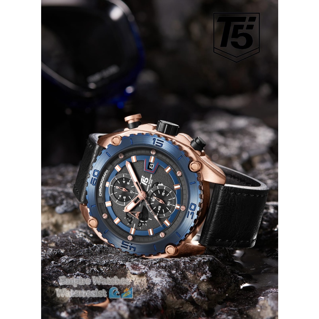 Jam Tangan T5 H3879G H3879 3879 Pria Cowok Chrono dan Tanggal Aktif Strap Leather Kualitas Original 