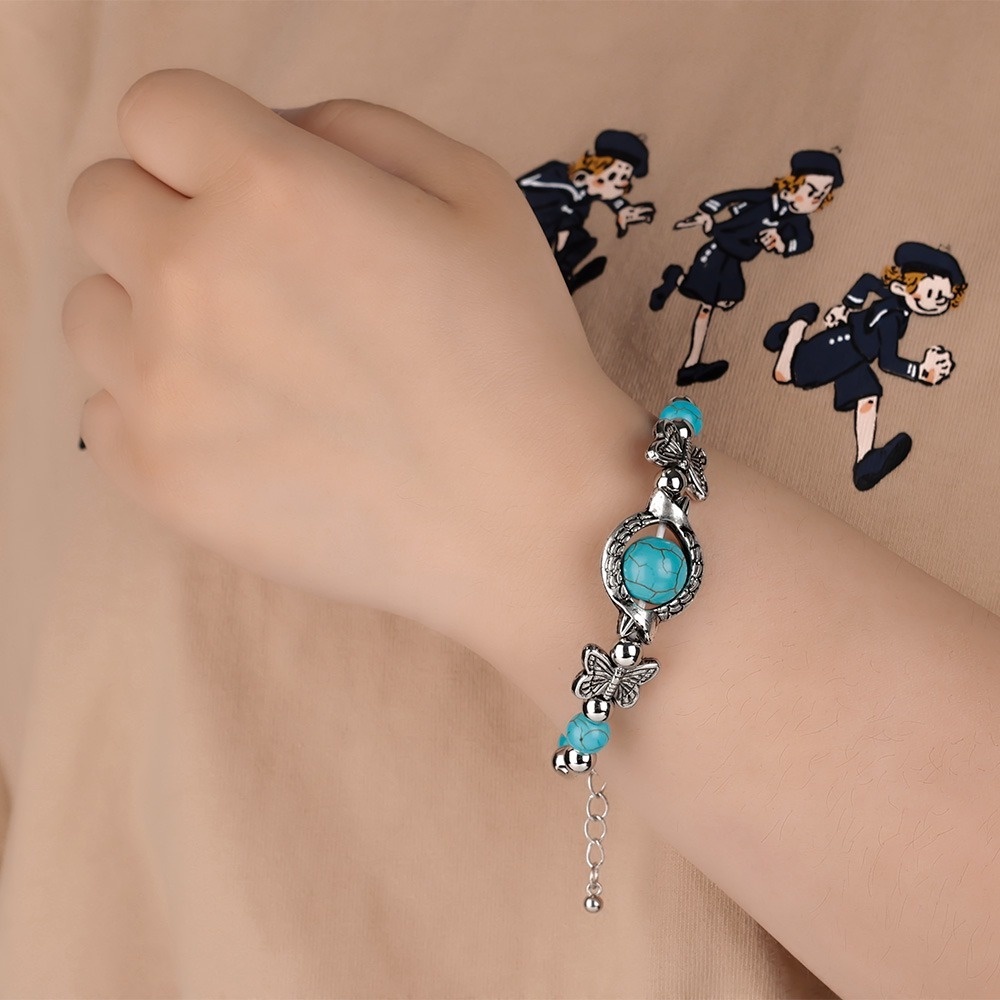 Gelang Bangle Manik Turquoise Biru Hias Kupukupu Gaya Boho Vintage Untuk Wanita