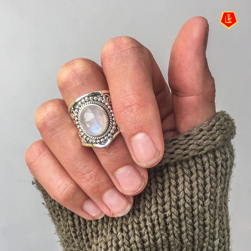 [Ready Stock]Retro Moonstone Silver Ring Women's Black Agate Turquoise