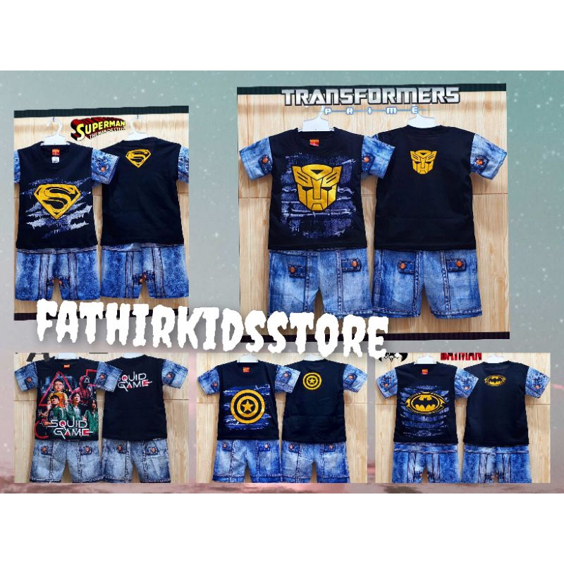 SETELAN ANAK MOTIF LEVIS DENGAN PILIHAN KARAKTER TRANSFORMERS BATMAN CAPTAIN SUPERMAN DAN SQUDSGAME