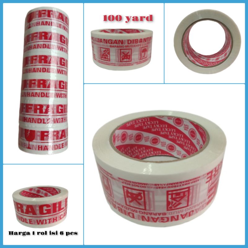 

lakban fragil putih 100 yard / isi 6 pcs