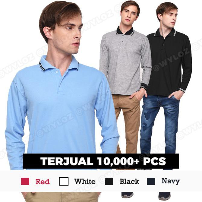 Kaos Polo Shirt Lengan Panjang Distro Kerah Polos Pria Wanita Lacoste - Hitam, XL
