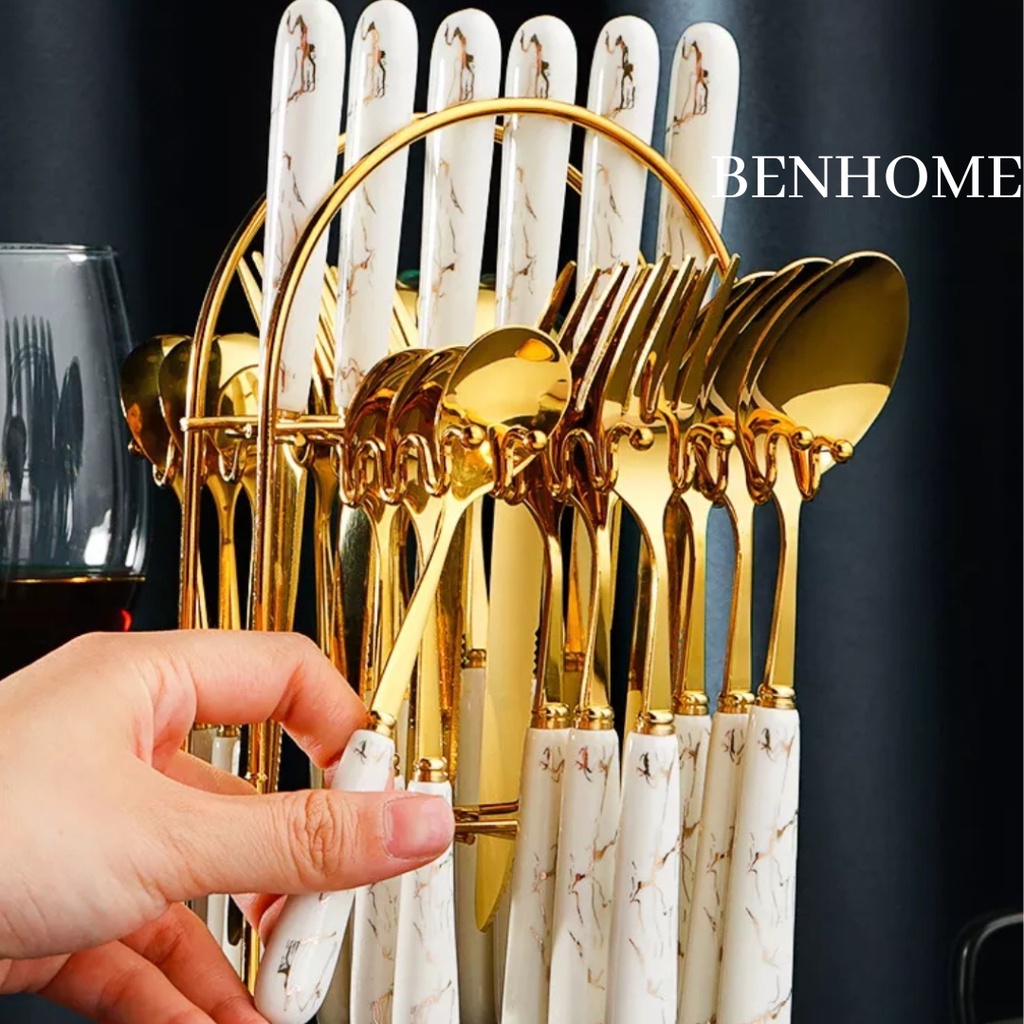 Marble Cutlery Set Gold Sendok Set Marble Emas Mewah + Rak Sendok