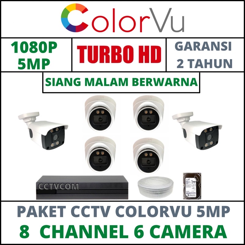 PAKET CCTV COLORVU -SIANG MALAM BERWARNA 8 CHANNEL 6 CAMERA 5MP IC SONY 1080P KOMPLIT TINGGAL PASANG