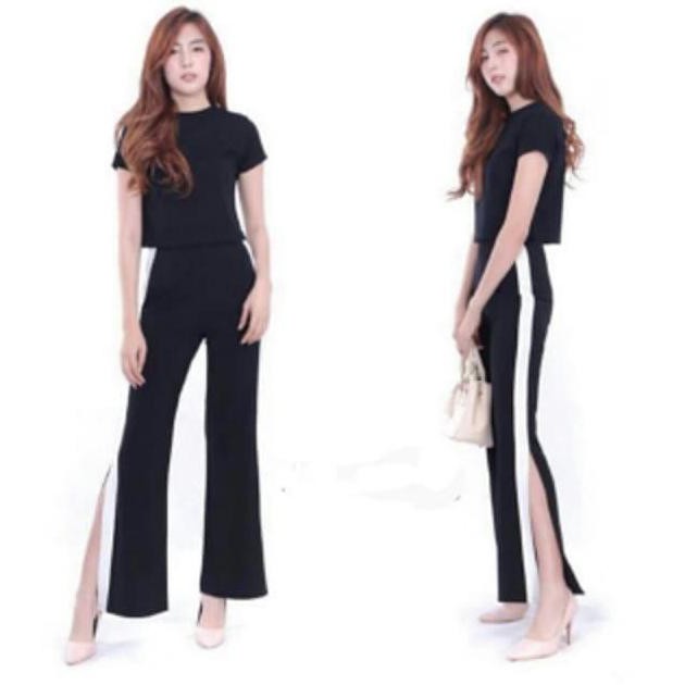 CELANA PANT KULOT SLIT BELAH GARIS STRIPE SAMPING SCUBA - HITAM, L