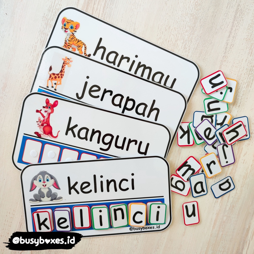 worksheet paud mengeja nama hewan / mengeja huruf / mainan edukasi huruf