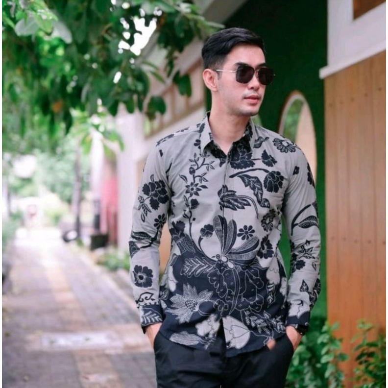 BUNGA ABU Baju Batik Pria Lengan Panjang Slim Fit Lapis Puring Dalam Modern  Katun Halus