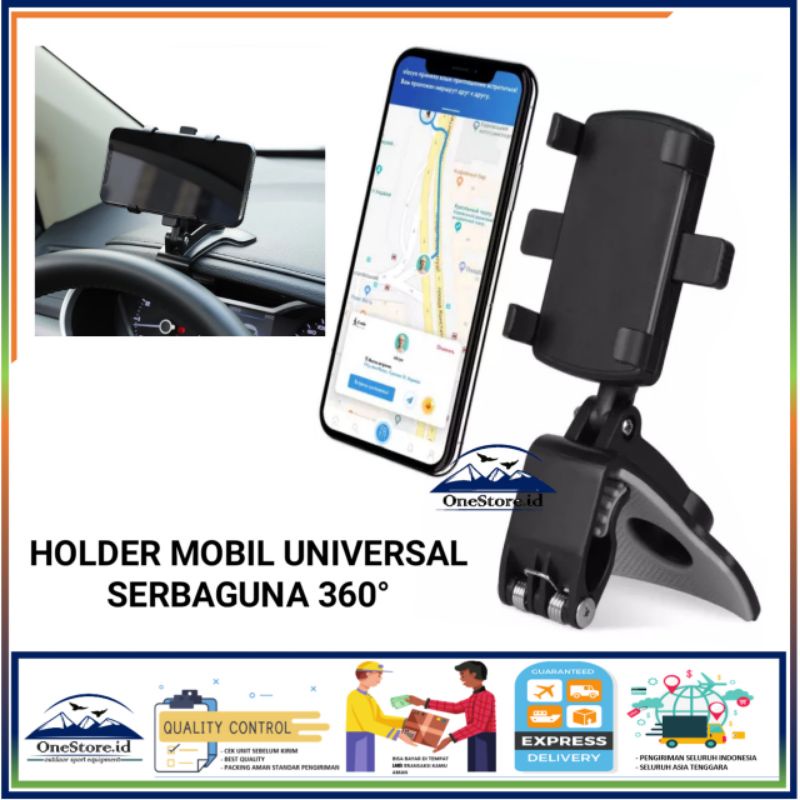 Phone Holder Mobil 4 in 1 Dudukan Hp di dashboard sunvisor rearview kaca belakang Universal Tripod Jepit Serbaguna