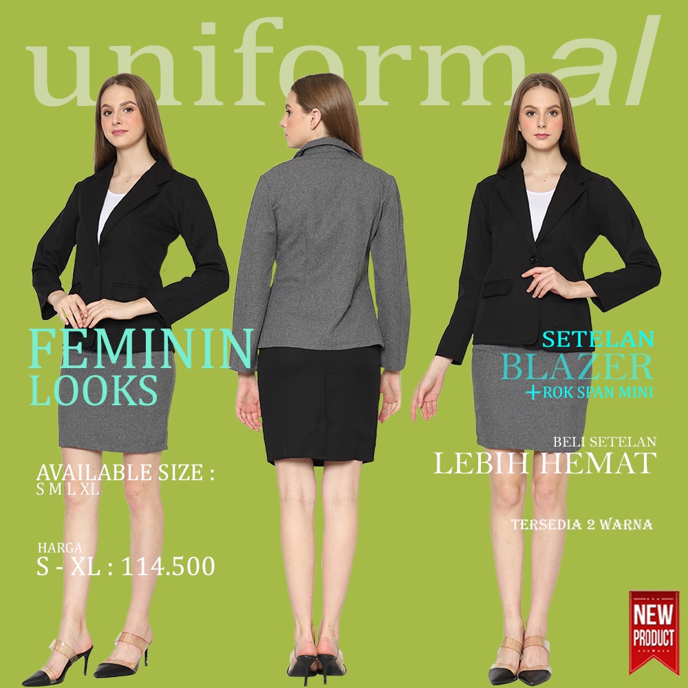 Setelan Blazer Formal Dan Rok Mini 3/4 Hitam Dan Abu Blezer Wanita Satu One Set Bahan Gabardine