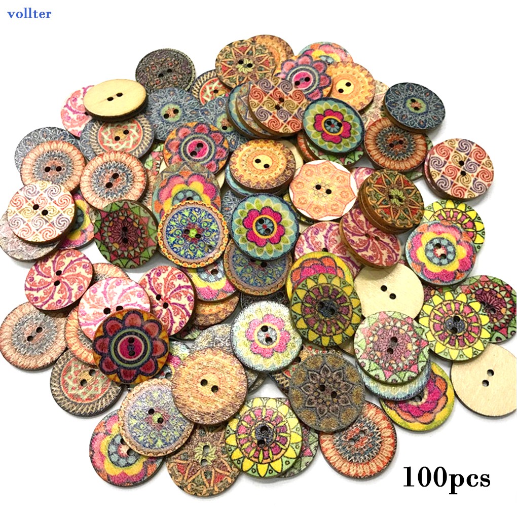  100Pcs Kancing Kayu  Bulat Motif  Print Bunga Untuk Craft 