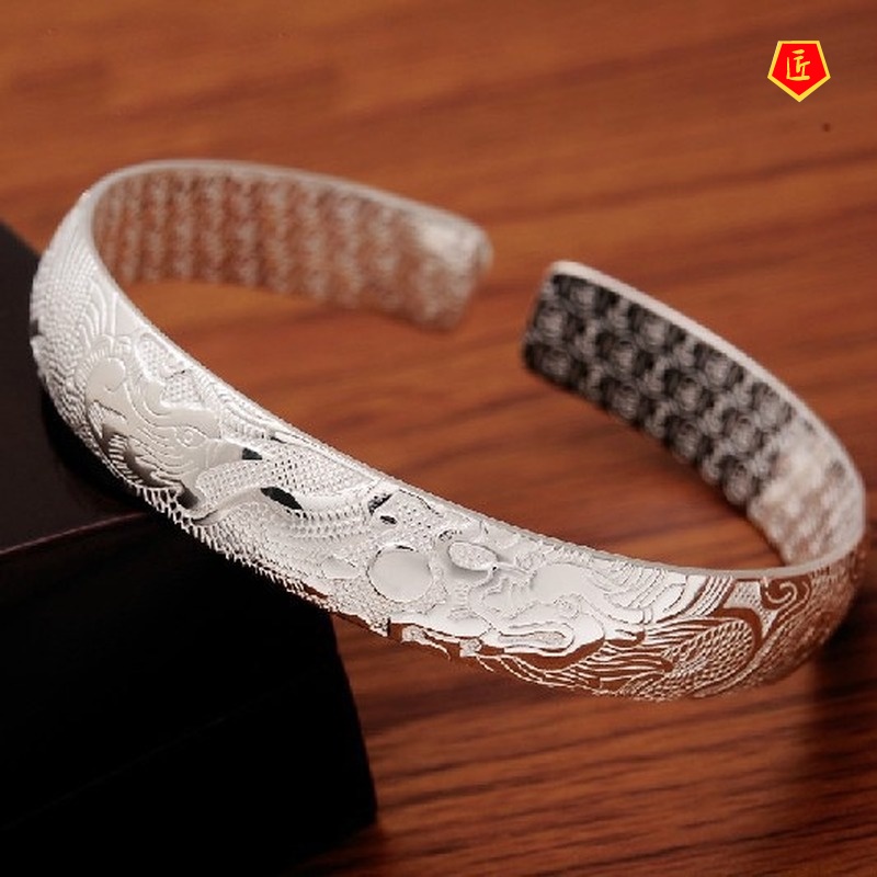 [Ready Stock]Dragon and Phoenix Carved Ethnic Style Silver Bracelet