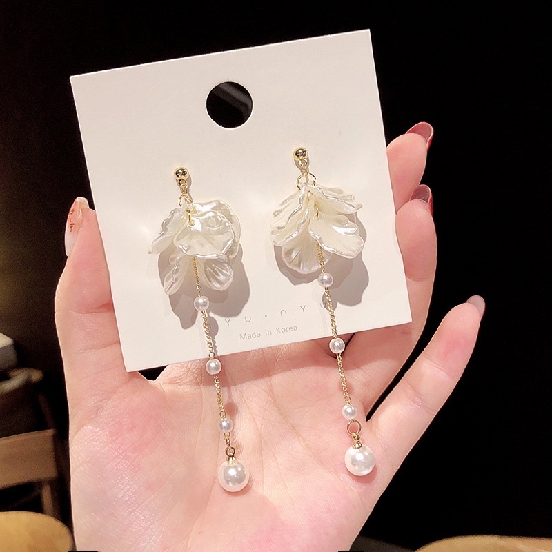 VINJOTAN - ANTING GANTUNG PESTA IMPOR KOREA BUNGA MUTIARA PANJANG ANTI KARAT STERLING SILVER S925