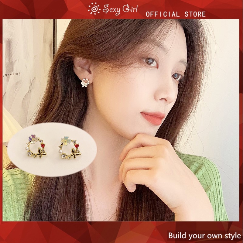 Anting Stud Desain Karangan Bunga Butterfly Aksen Mutiara Gaya Korea Untuk Perempuan