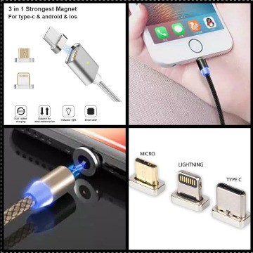 X-CABLE Magnetic 3 in 1 Micro USB Type C Lightning  Metal Magnetic Cable 1.2m Auto Connect