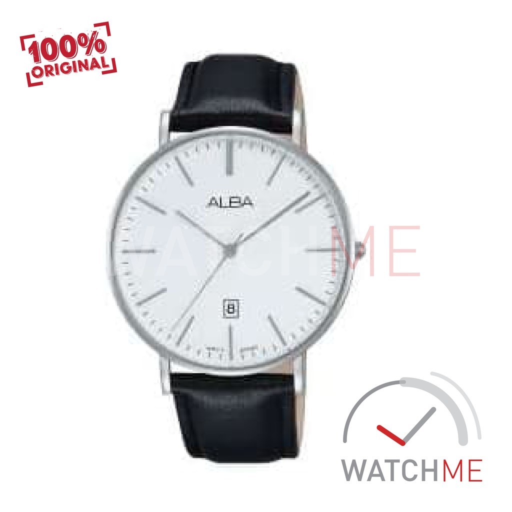 Jam Tangan Pria Alba Analog AG8H17 White Dial Black Leather Strap Original Garansi Murah