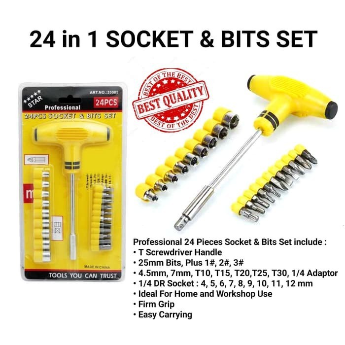 Obeng T 24 pcs Socket &amp; Bit Set / Kunci Sok Obeng Dan Kunci T / Kunci dan Obeng Murah