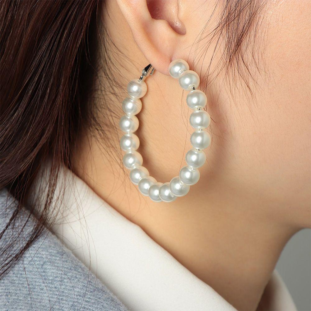 R-flower Pearl Hoop Earrings Wanita Pernikahan Pertunangan Lingkaran Besar Bentuk Bulat