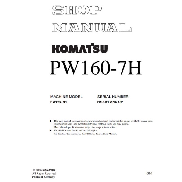 

shop manual excavator komatsu PW160-7H