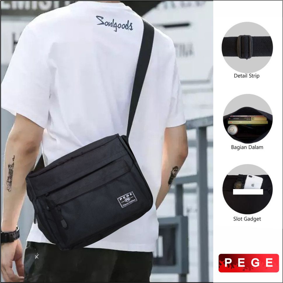 Tas Selempang Pria Slingbag PEGE Model Hitam Polos Bahan Tebal Bisa Untuk Kerja Kuliah Multifungsi - PG 8914