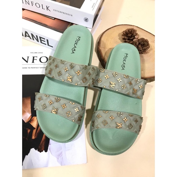 Sandal Slop Ban Dua LV BEST SELLER Mokaya 2002-93 dan 2002-49-Hijau Olive
