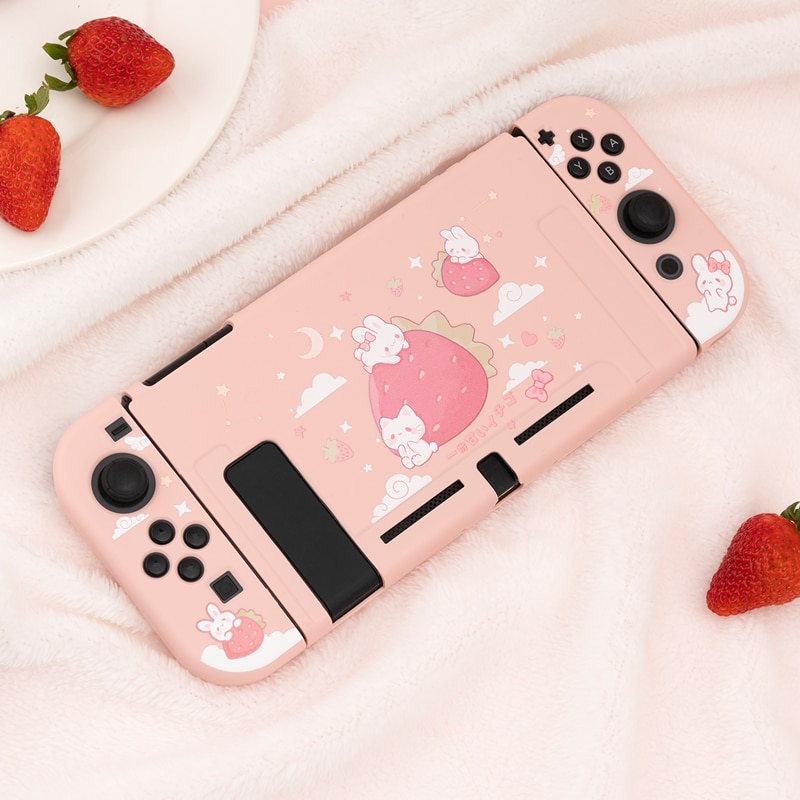 Casing Soft Case Tpu Motif Strawberry / Kelinci Warna Pink Untuk Nintendo Switch