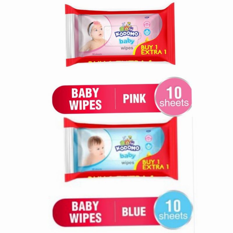 Jual Kodomo Baby Wipes Pink & Blue 10 sheets ( 1 bonus 1 didalam