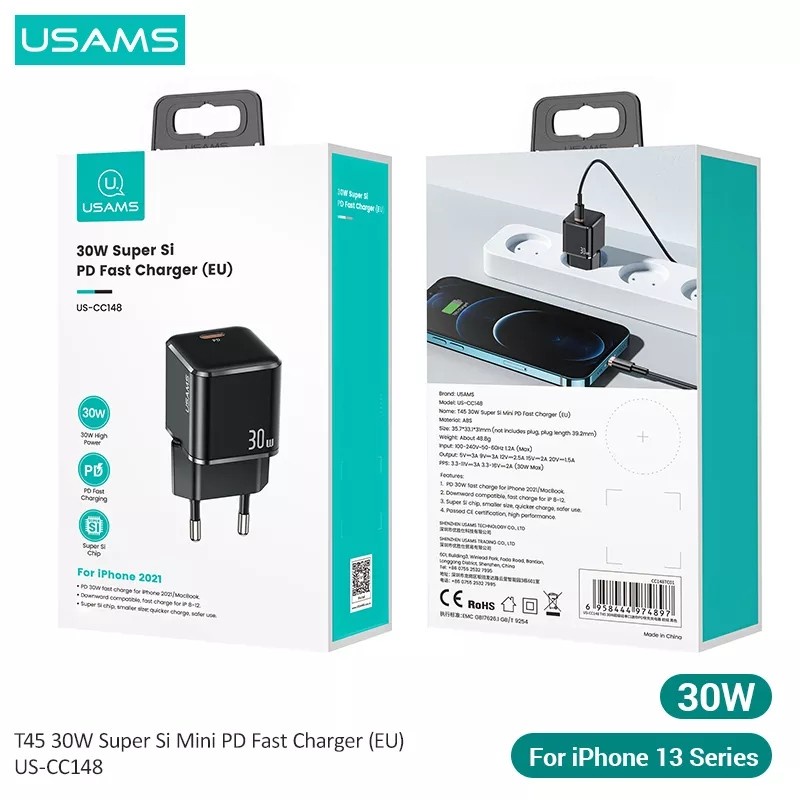 USAMS Adapter Quick Charger Type C PD Super Si 30W Adapter Charger Super Fast