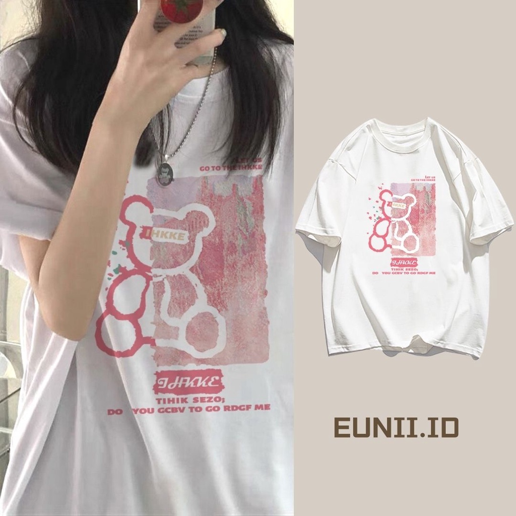 Kaos Lengan Pendek Pink Bear Korean Style/Kaos Atasan Wanita/Baju Kaus Oversize Wanita