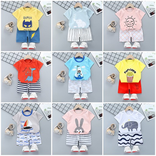 LittleAaron KIDS SUIT PENDEK Setelan Anak Bahan Kaos Lengan + Celana Berkualitas Import 0-3 Tahun ebv