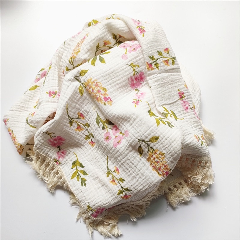 Printed fringe muslin blanket / selimut bayi rumbai / selimut muslin