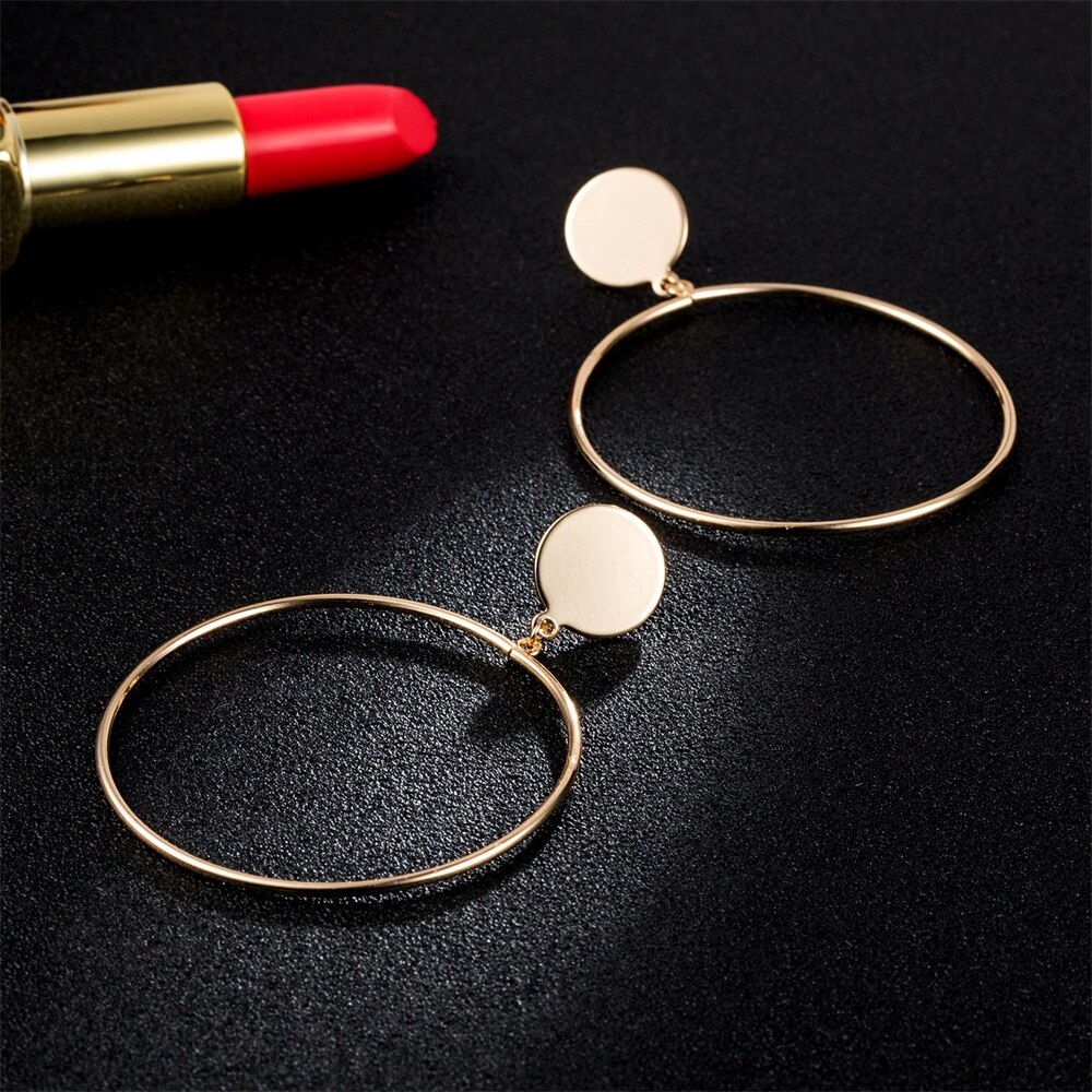 Anting Tusuk Gantung Desain Geometri Bulat Besar Hollow Warna Gold/Silver Gaya Korea/Simple Untuk Wanita