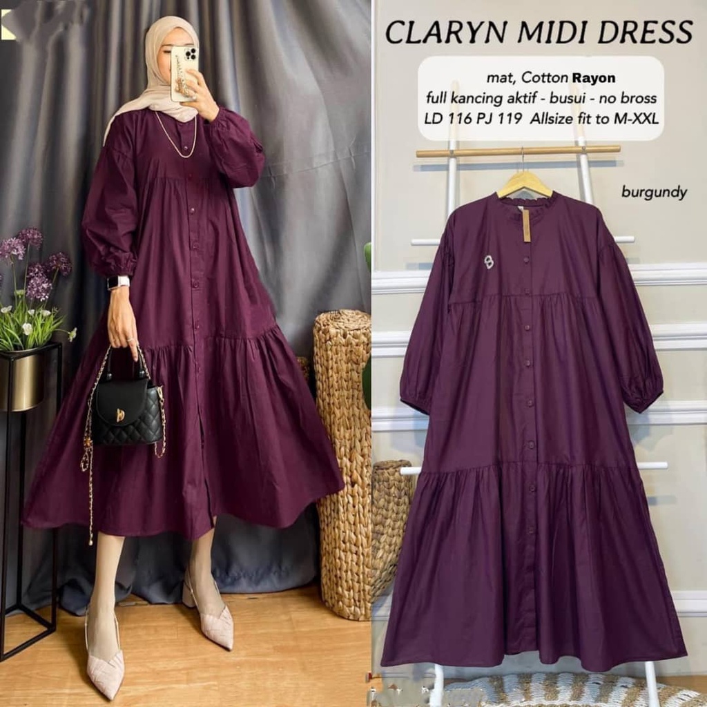 Baju CLARYN MIDI DRESS BL Bahan KATUN RAYON Gamis Maxi Wanita Terbaru 2021 Maxy Dress Muslim Terbaru Dress Gaun Dewasa Gamis Syari