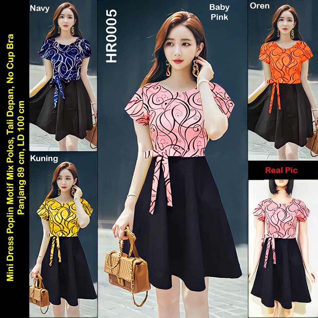 HR0005 Mini Dress Poplim motif mix polos tali depan no cup bra stretch / Mini dres seksi / Mini Dress Sexy / Mini Dress Korea