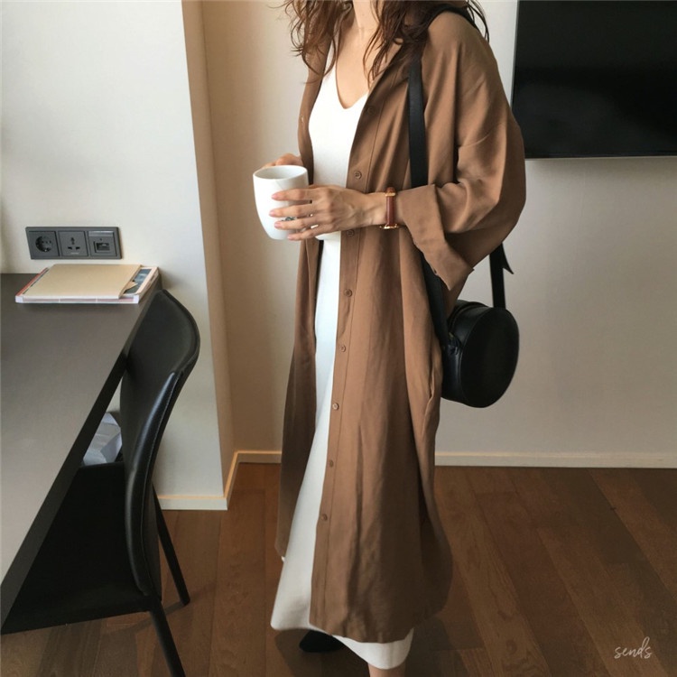 Korea fashion retro minimalis warna solid maxi Dress Kemeja lengan panjang wanita