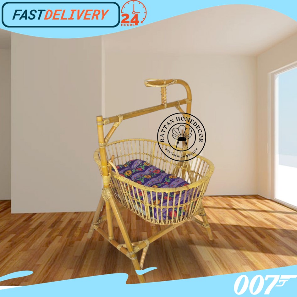 Keranjang Ayunan Tidur Bayi Rotan Alami