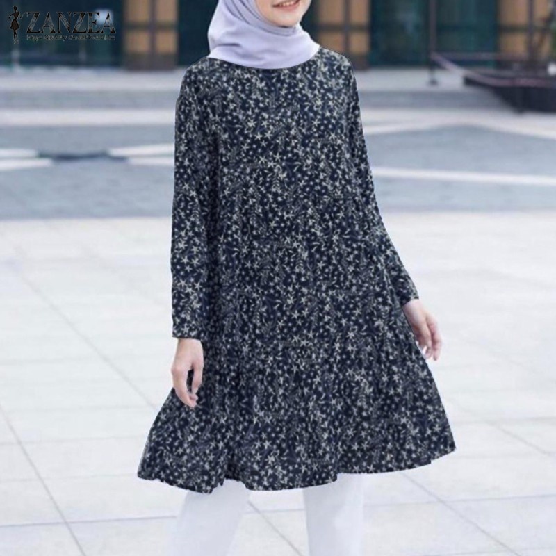 ZANZEA Women Casual Long Sleeve Ruffles Hem Retro Printed Muslim Blouse