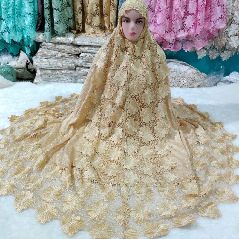 Mukena Warna Prada Sutra Paris Swarovski Mutiara Full Renda Besar Kembang Api Bahan Adem Tebal Mewah