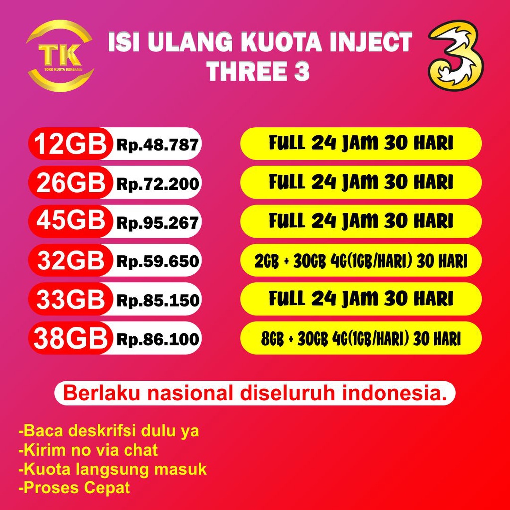 Paket Internet Tri 12GB 26GB 45GB 32GB 33GB 38GB 6GB 10GB Unlimited  Three Tri 3 Kuota Data Murah