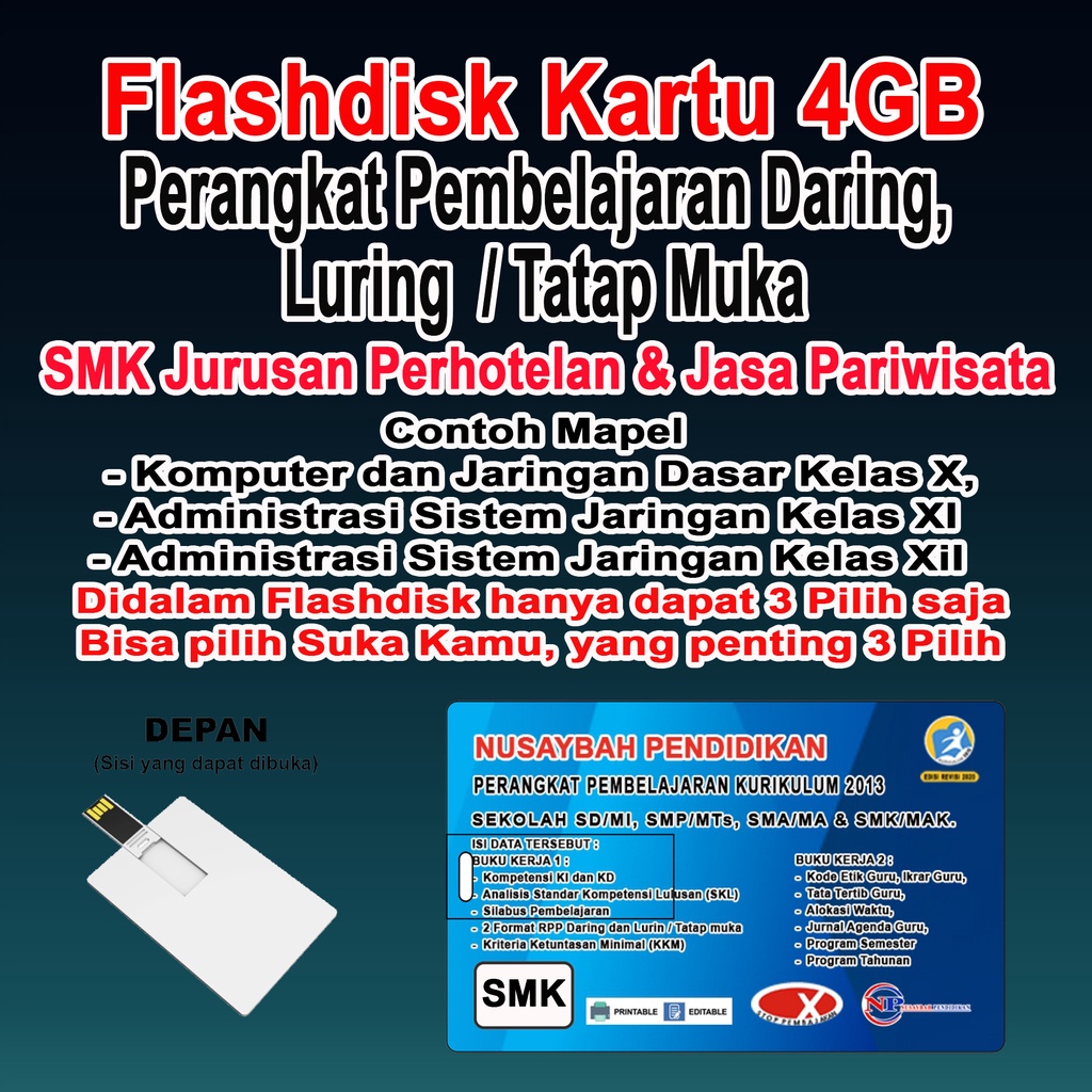 PERANGKAT PEMBELAJARAN DARING DAN LURING/TATAP MUKA, SMK JURUSAN TKJ, TATA BOGA, PERHOTELAN, 2SEMESTER,(KARTU FLASHDISK 4GB)