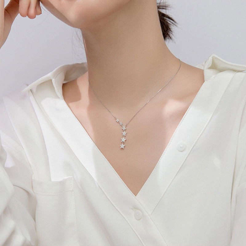 Kalung Rantai Sterling Silver 925 Simple Dengan Liontin Bintang Zircon Berkilau Untuk Wanita