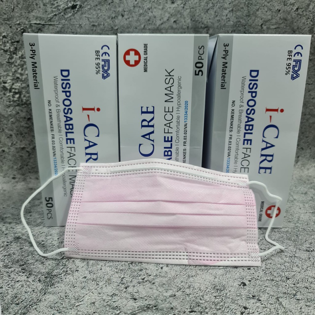 MASKER 3PLY ICARE I CARE EARLOOP KEMENKES WARNA PINK MERAH HIJAU PUTIH ABU HITAM BIRU