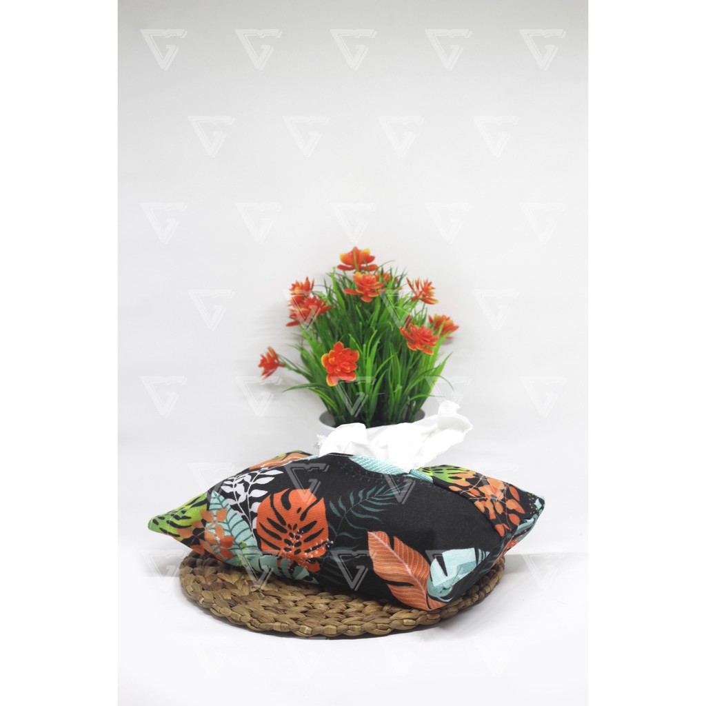 Tempat Tisu -Sarung Tisu - Cover Tissue - Box Tisu Kanvas - Wadah Tisu Motif TROPIKAL HITAM