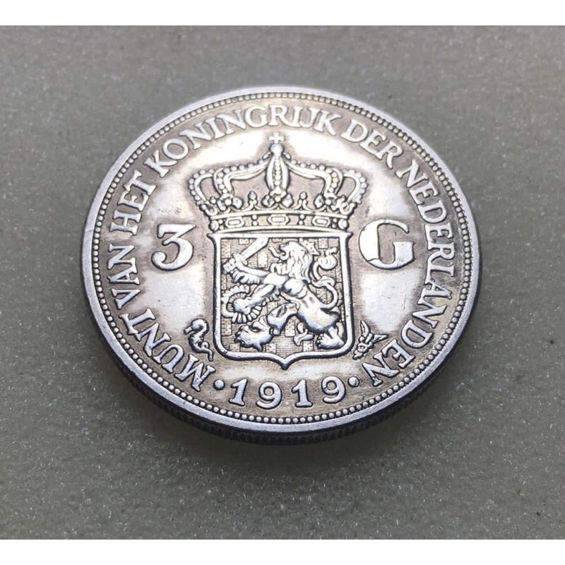 Koin Kuno 3 Gulden Wilhelmina tahun 1919 Silver Asli 08