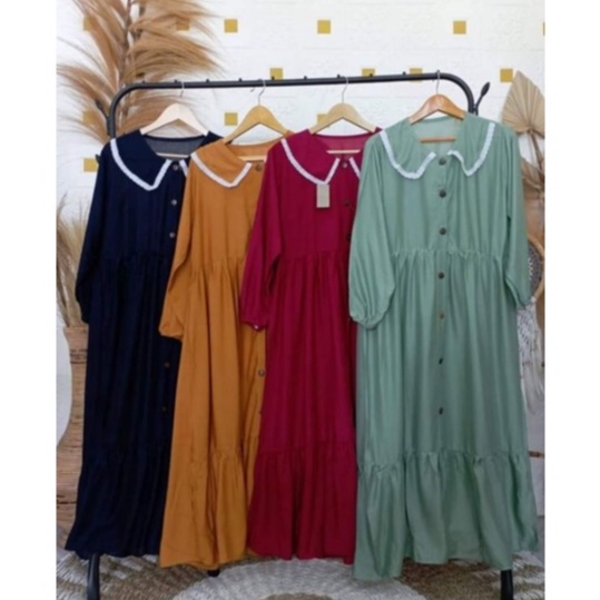 MIDI DRESS RAYON KERAH RENDA / Coral Midi Tunik Rufle Kancing Busui / HomeyDress